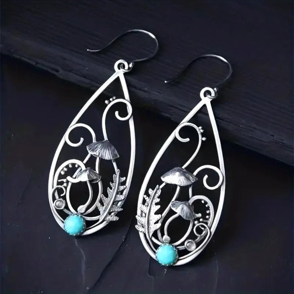 Turquoise Mushroom Earrings Tear Drop Inlaid Spiral Boho Hippie Faux GIFT - Picture 1 of 3